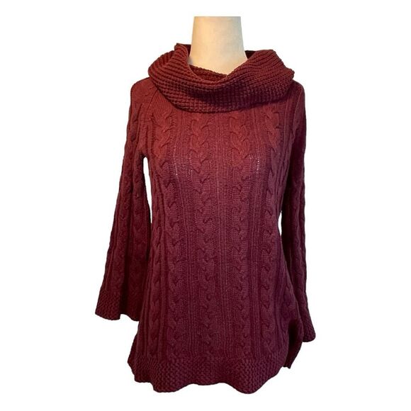Vintage Orvis Cable Knit Cowl Neck Sweater Maroon Turtleneck 3/4 Bell Sleeves XS - Picture 1 of 8